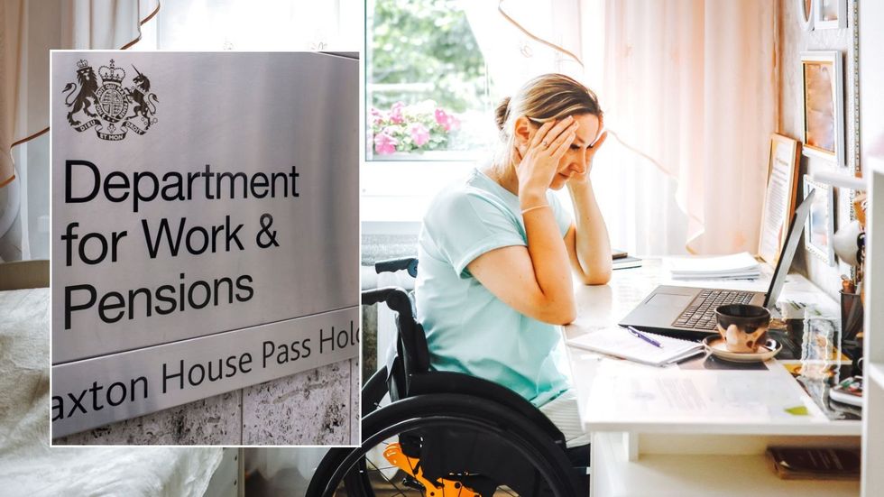 Woman in wheelchair and DWP sign