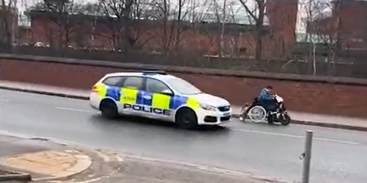 NextImg:Woman in wheelchair leads police on hilarious blue lights chase after shoplifting 'high value' goods