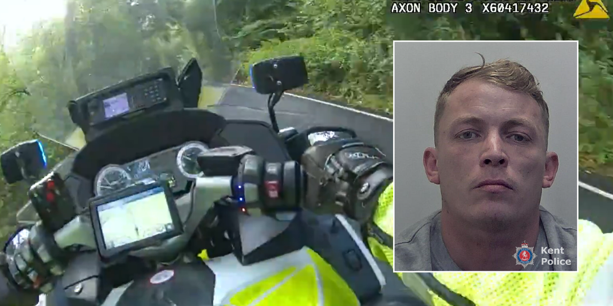 NextImg:Police officer forced to JUMP from bike after dangerous driver tries to ram him in high-speed pursuit