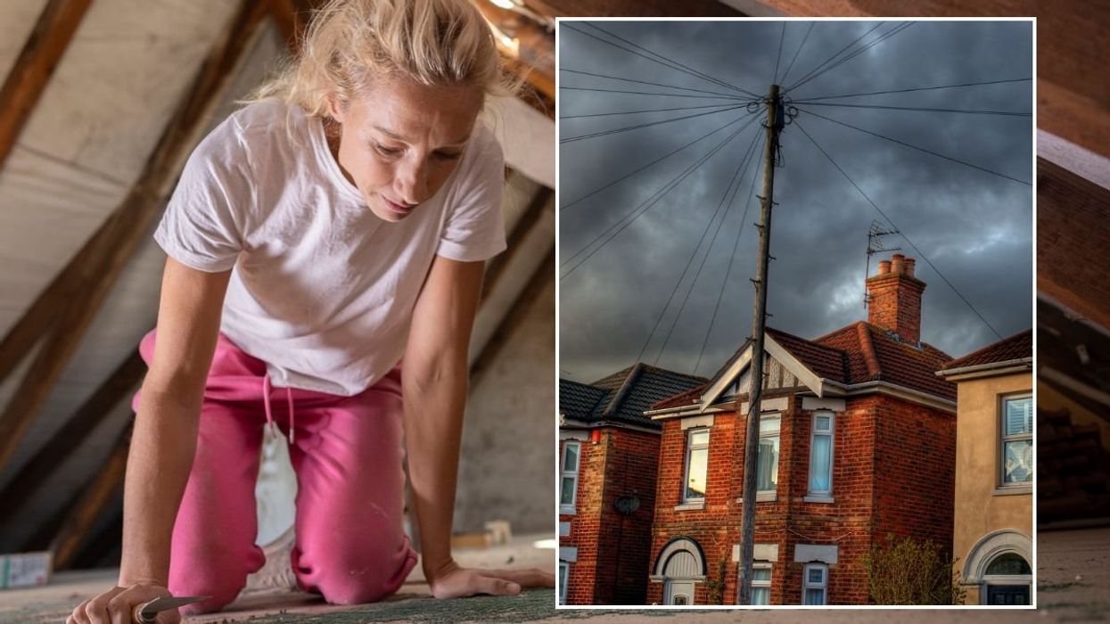 Woman inspecting the attic / Storm brewing in residential area