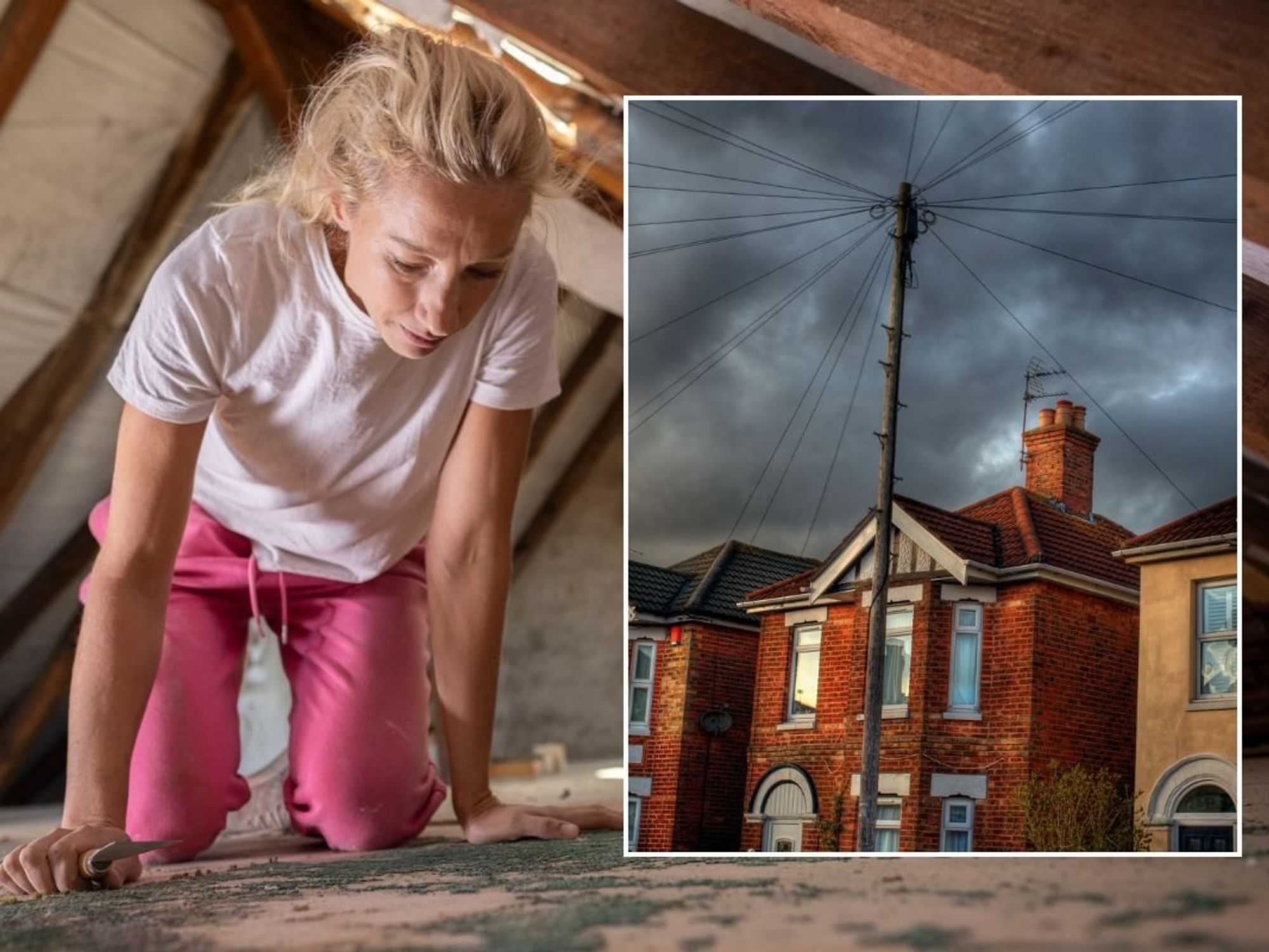 Woman inspecting the attic / Storm brewing in residential area