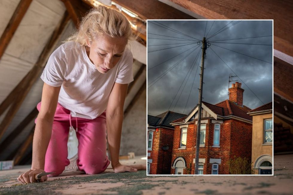 Woman inspecting the attic / Storm brewing in residential area