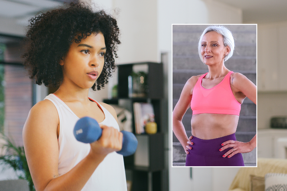 Woman lifting dumbbell / woman in sports bra