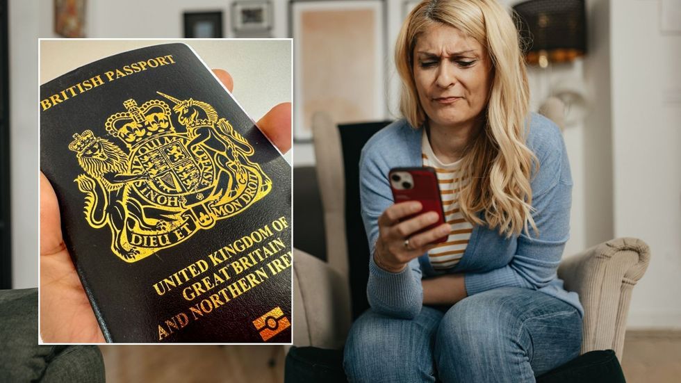 Woman looking annoyed and passport