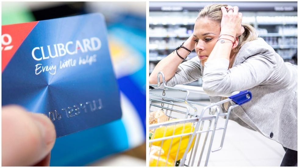 Woman looking annoyed and Tesco Clubcard
