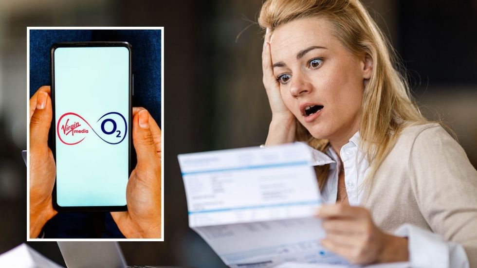 Woman looking at a bill and Virgin Media/O2 logo