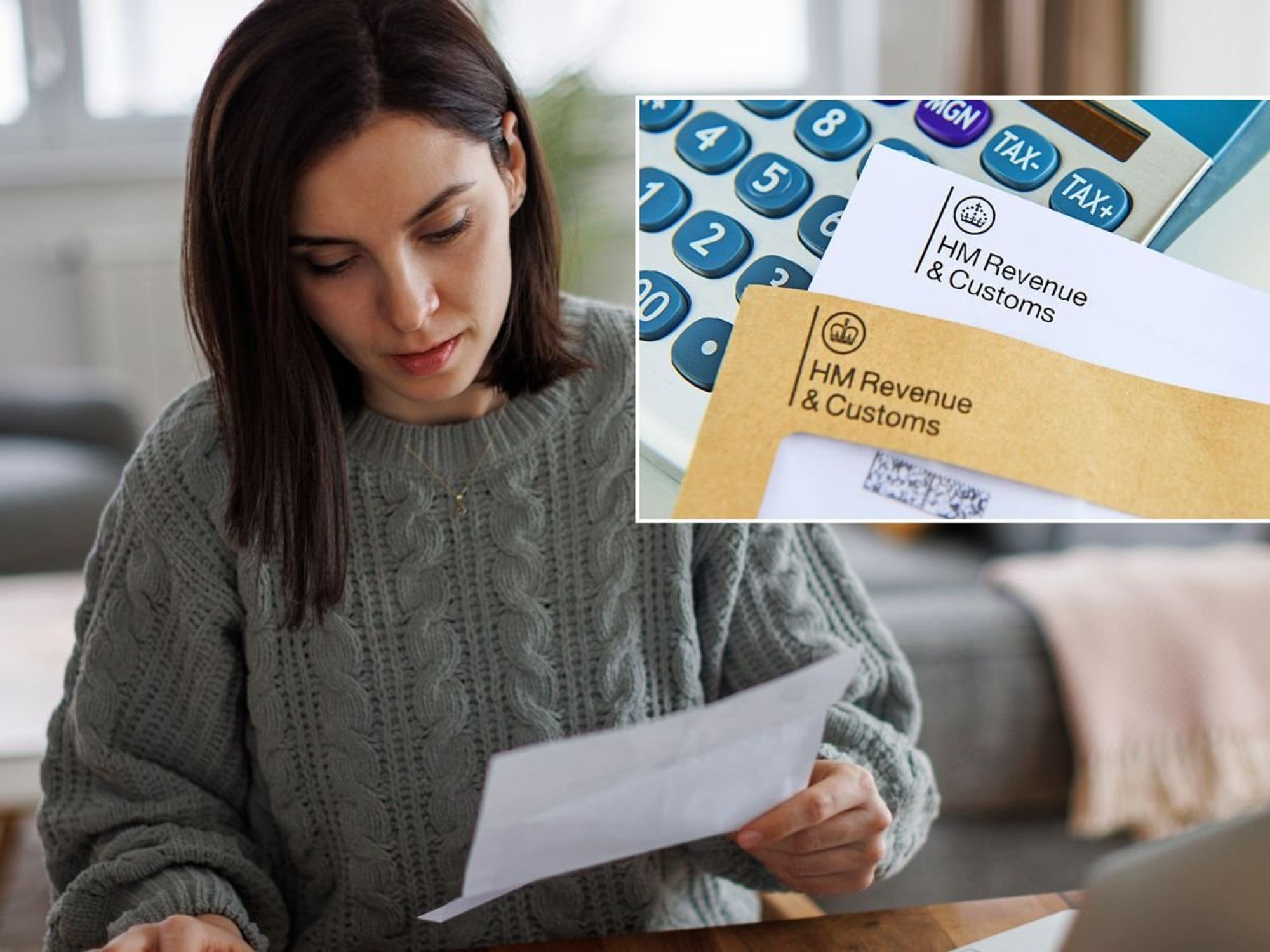 Woman looking at bill and HMRC letters