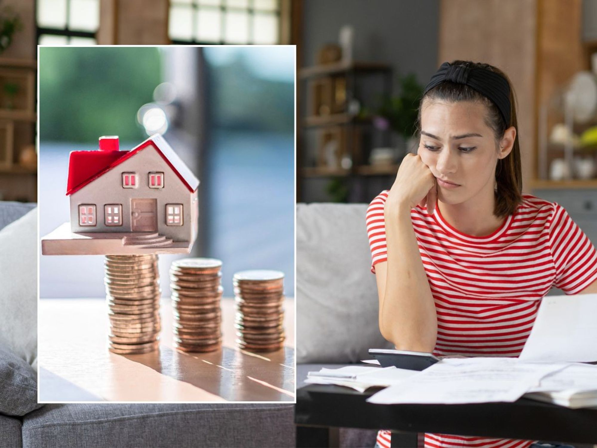 Woman looking at bill and money