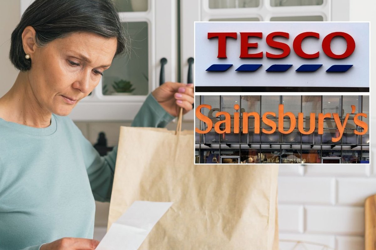 Woman looking at bill and Tesco/Sainsbury's logos