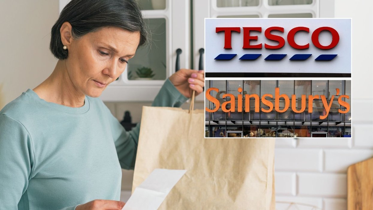 Woman looking at bill and Tesco/Sainsbury's logos
