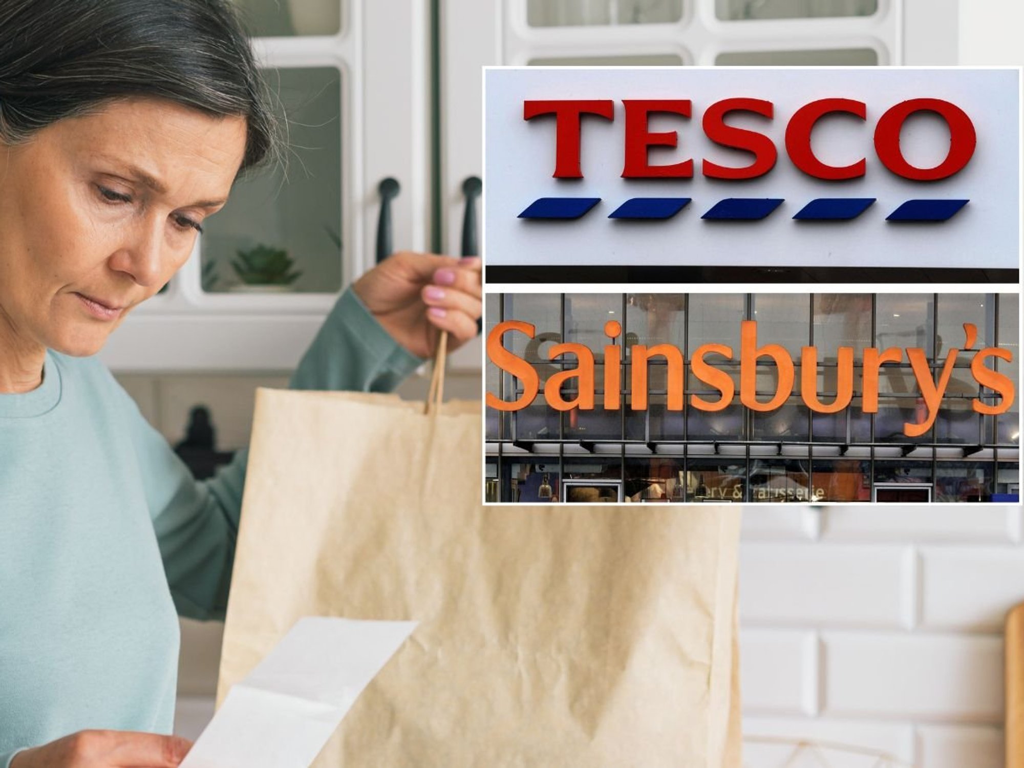 Woman looking at bill and Tesco/Sainsbury's logos