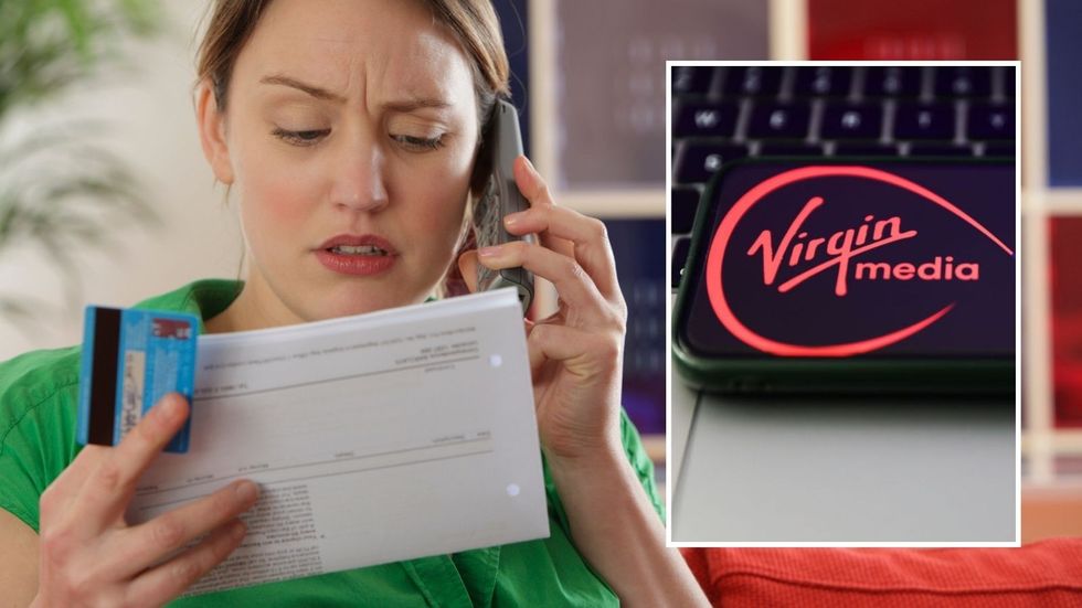 Woman looking at bill and Virgin Media logo