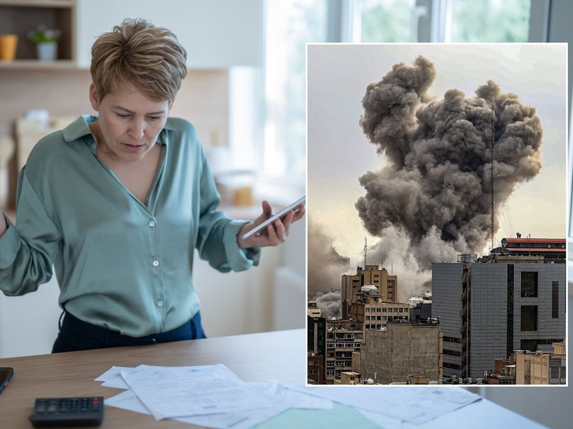 Woman looking at bills and explosion in Terhan, Iran