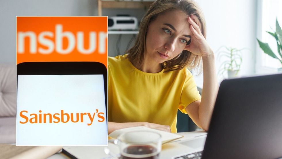 Woman looking at emails and Sainsbury's logo
