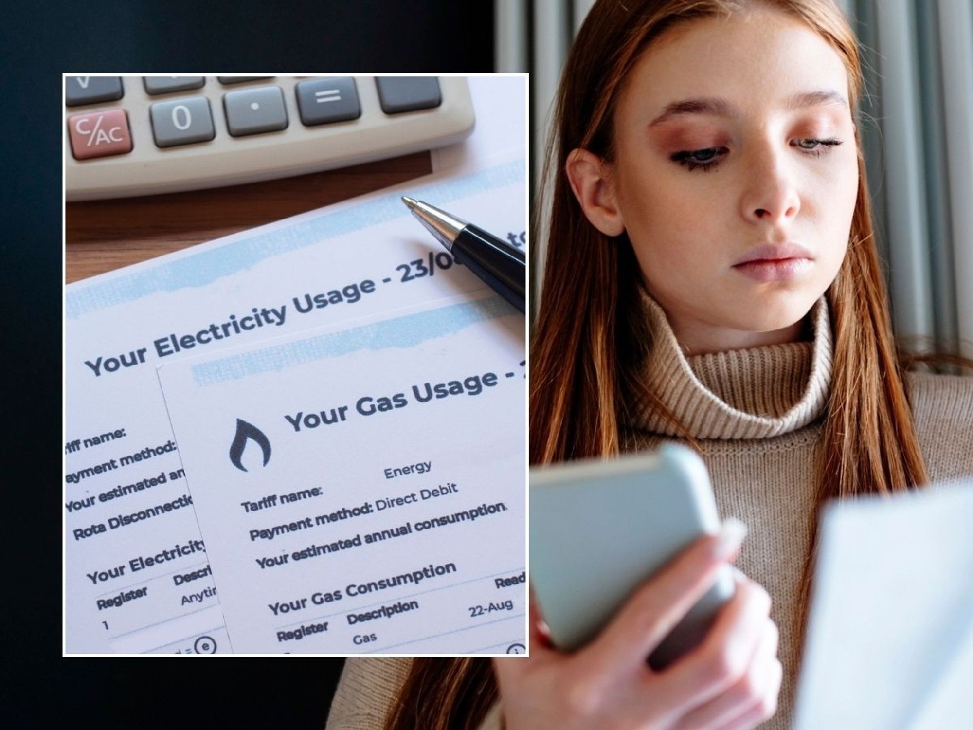 Woman looking at energy bill and energy bill