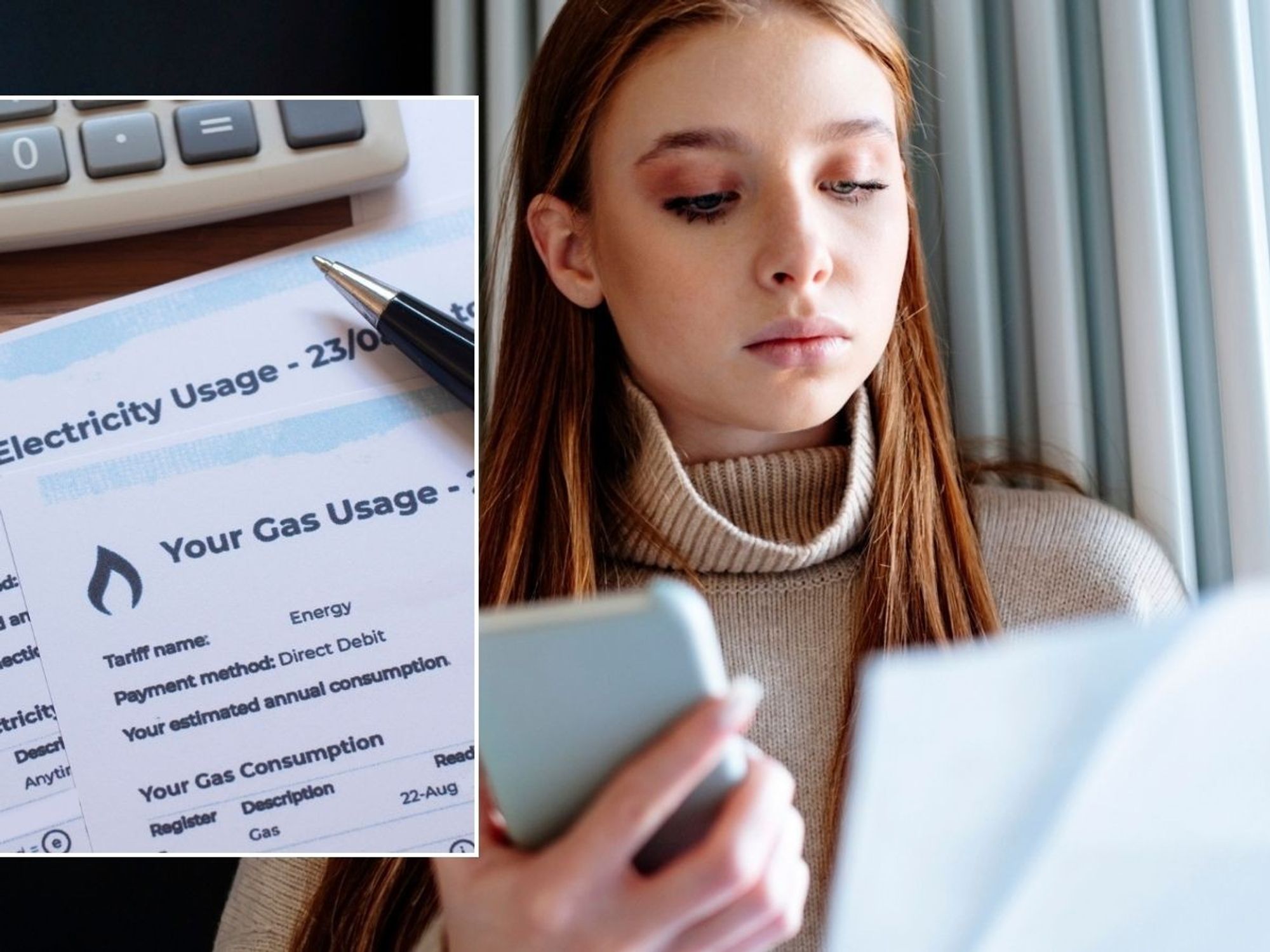 Woman looking at energy bill and energy bill