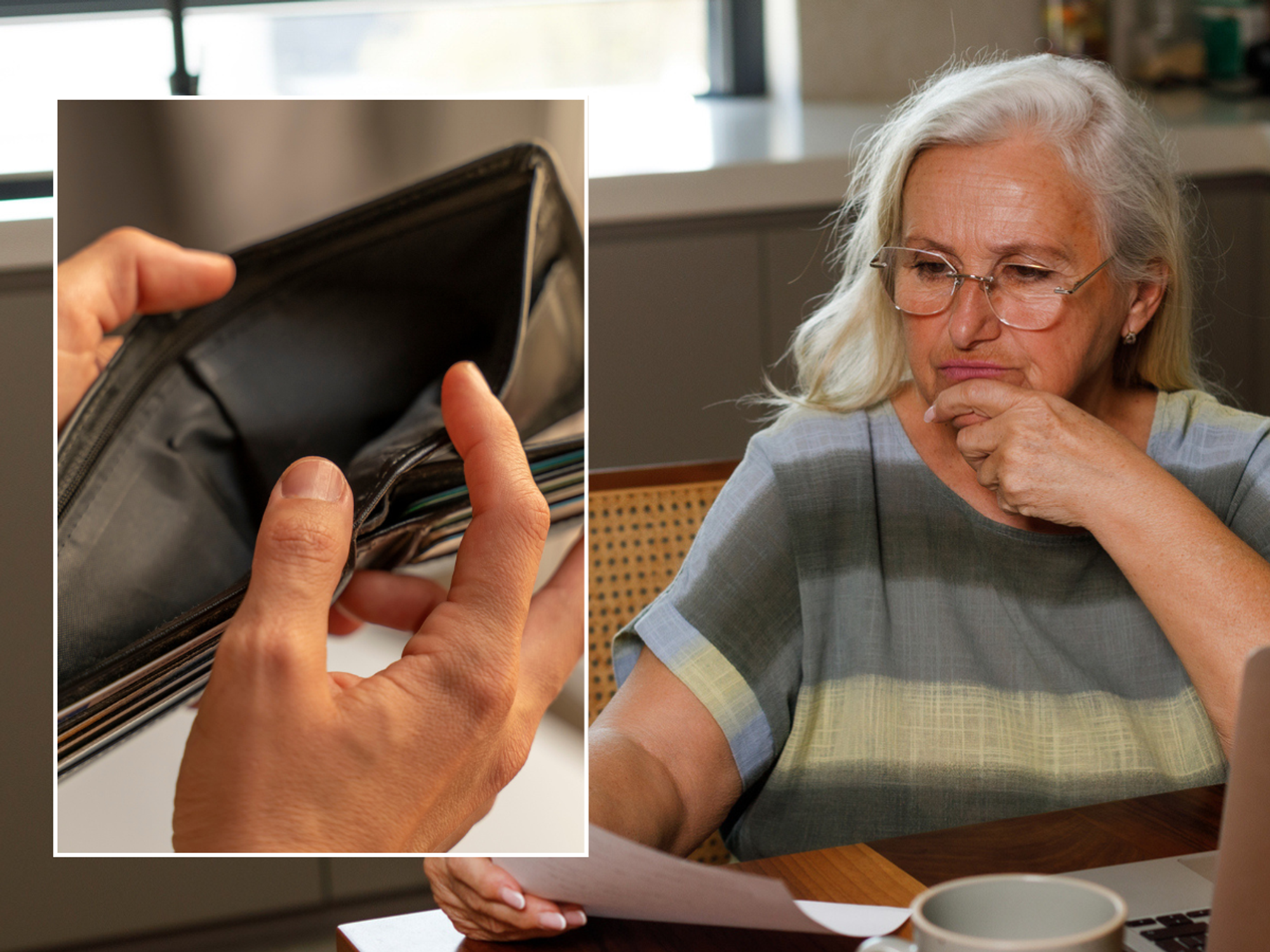 Woman looking at finances and empty purse