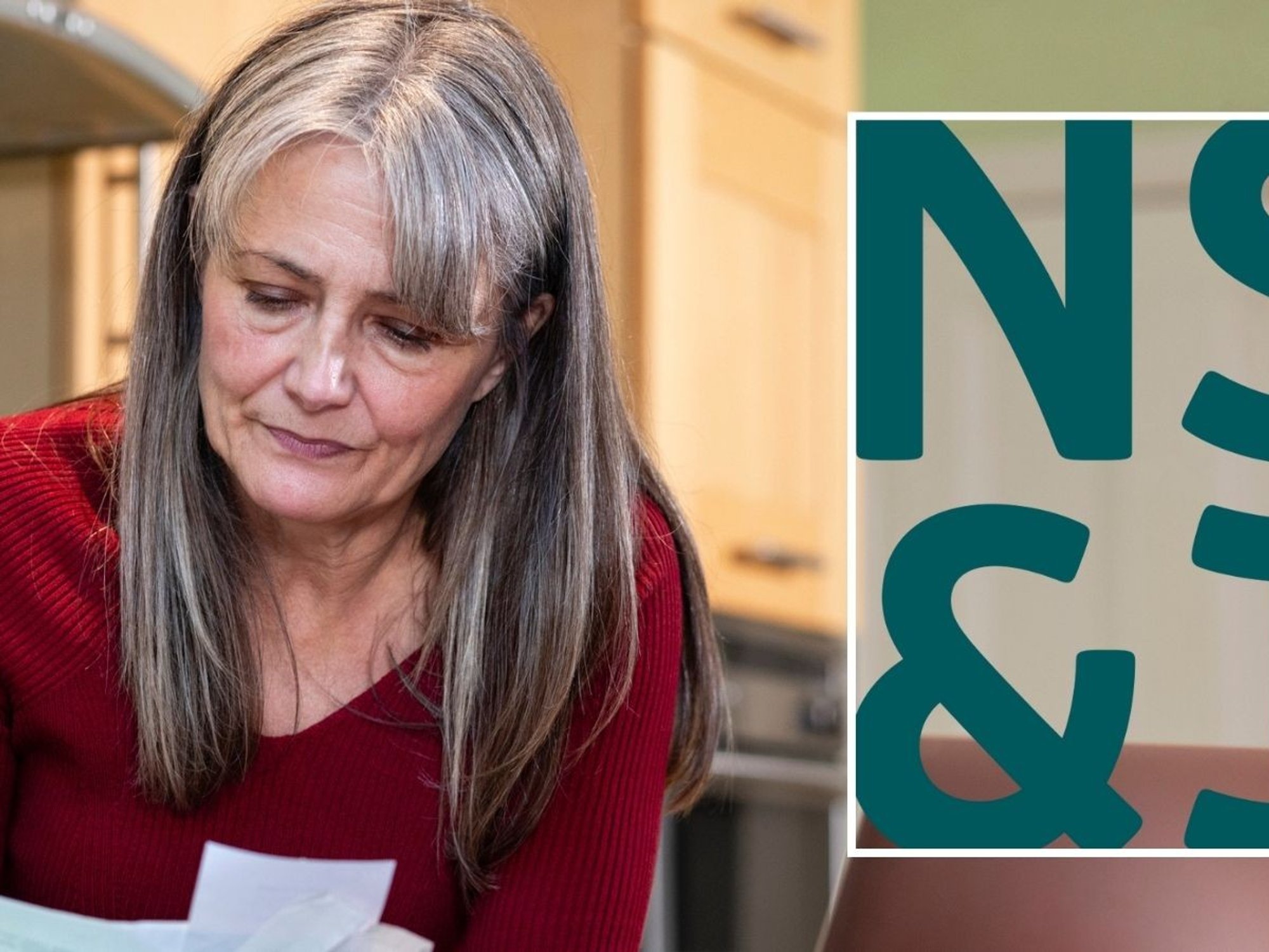 Woman looking at finances and NS&I logo