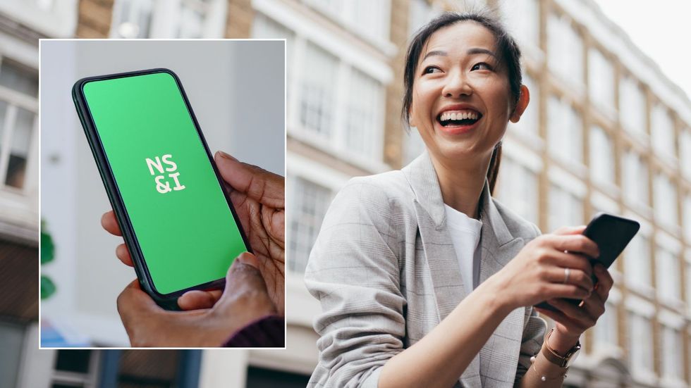 Woman looking at her phone and NS&I logo