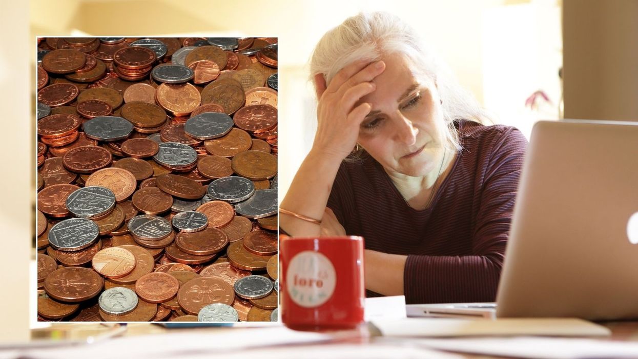 Woman looking at laptop and coins