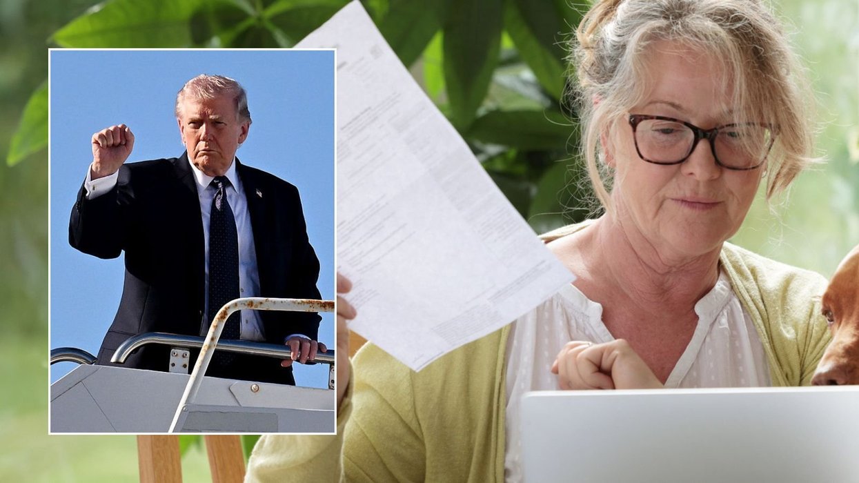 Woman looking at laptop and Donald Trump