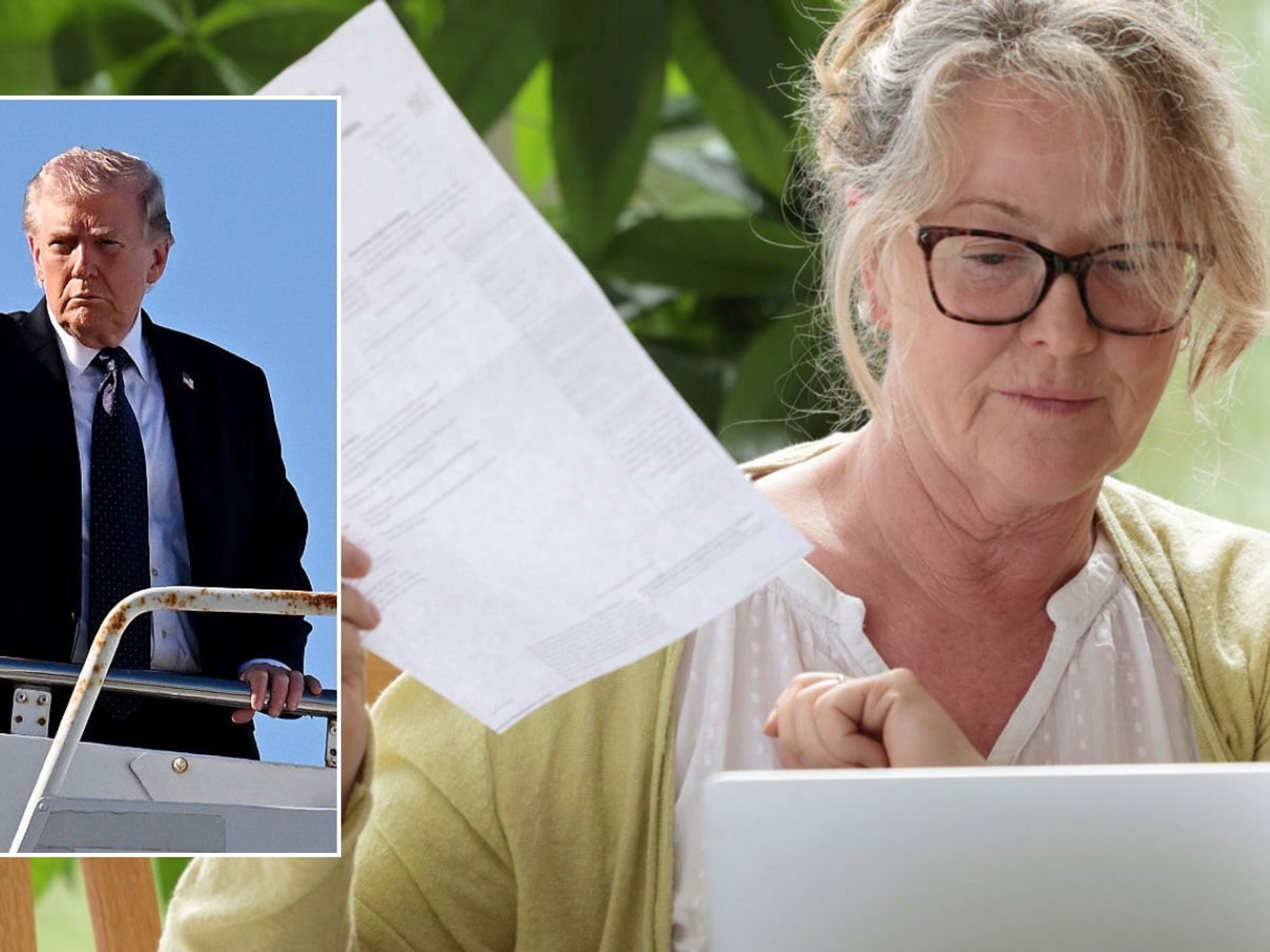 Woman looking at laptop and Donald Trump