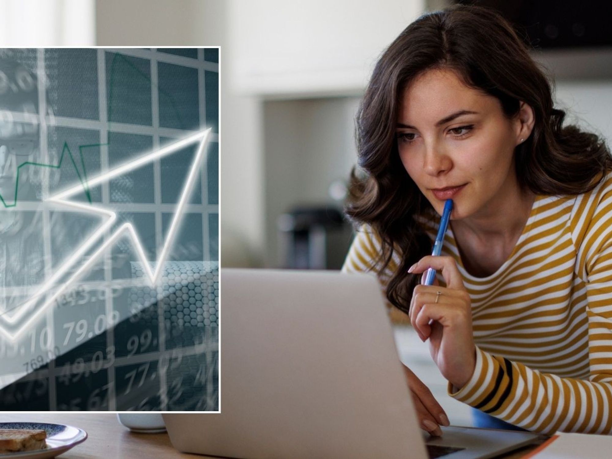 Woman looking at laptop and interest rate graph going up