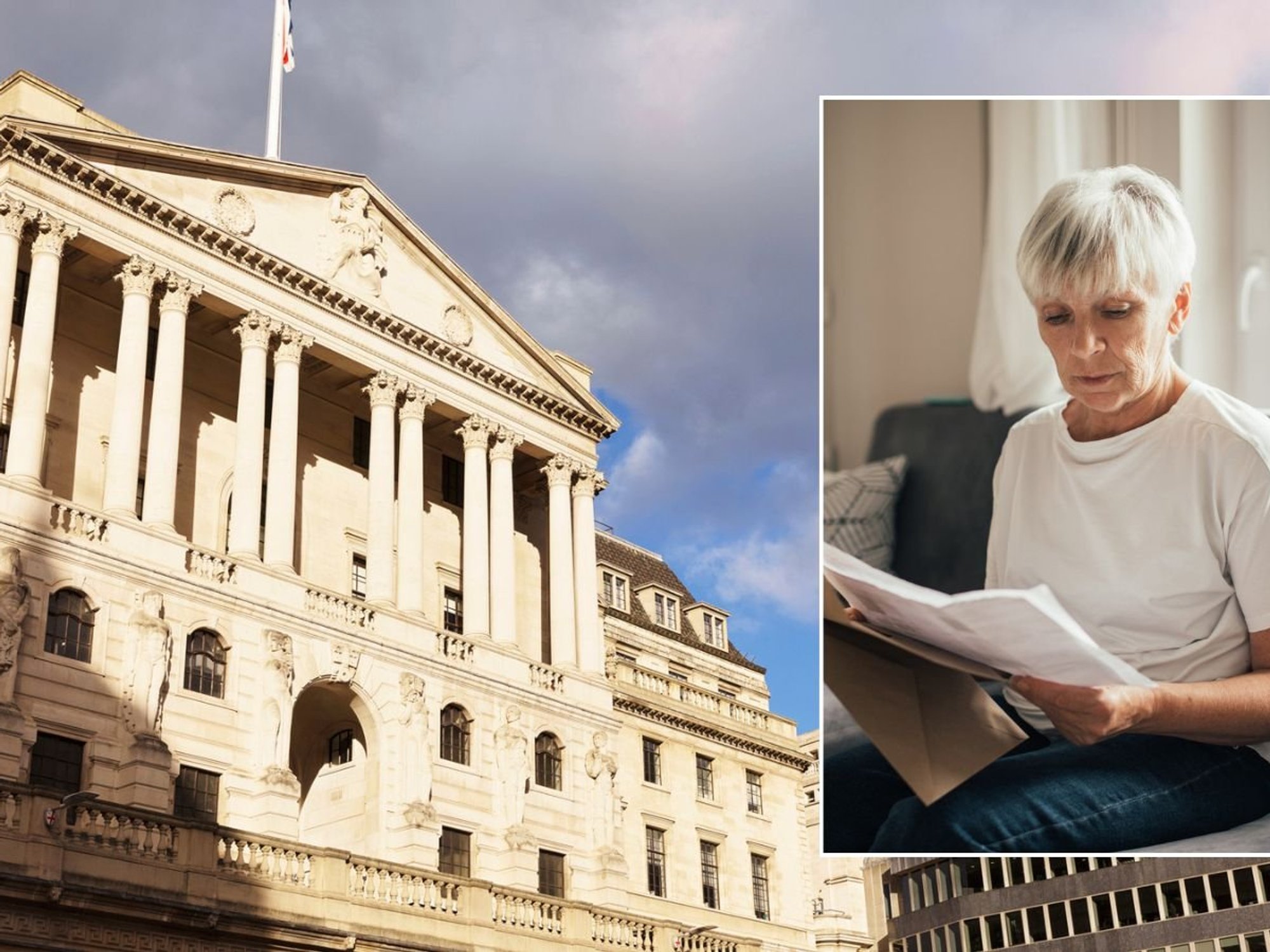 Woman looking at letter and Bank of England