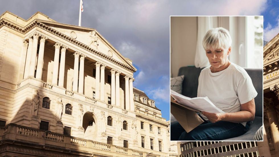 Woman looking at letter and Bank of England
