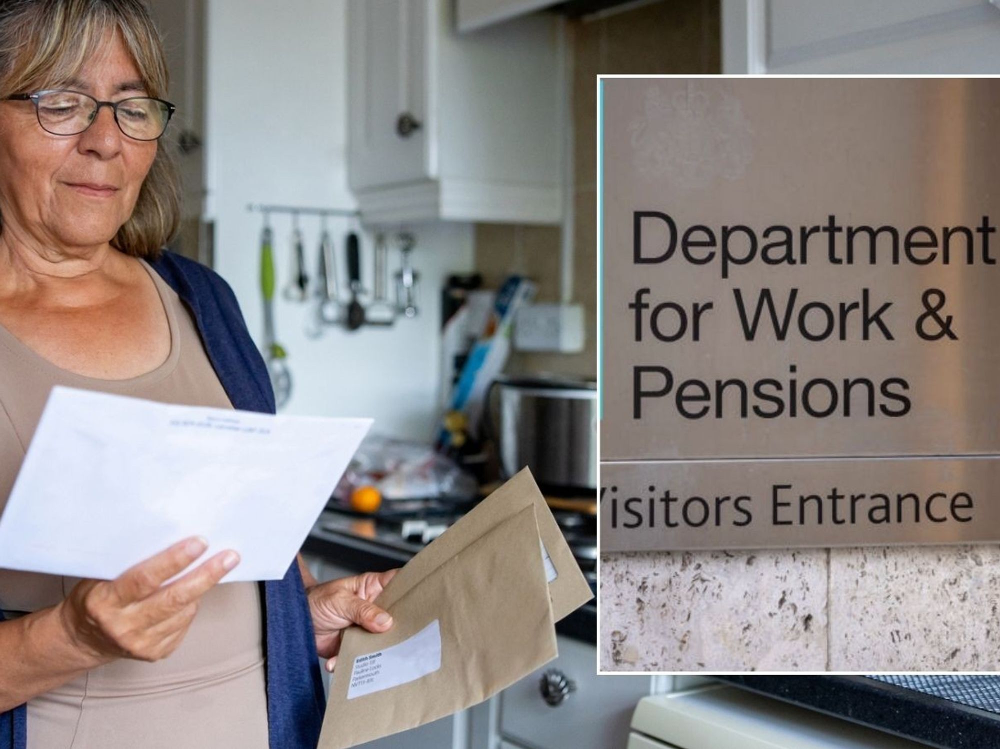 Woman looking at letter and DWP sign