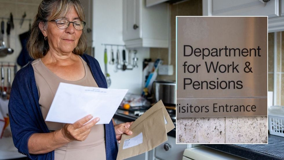 Woman looking at letter and DWP sign
