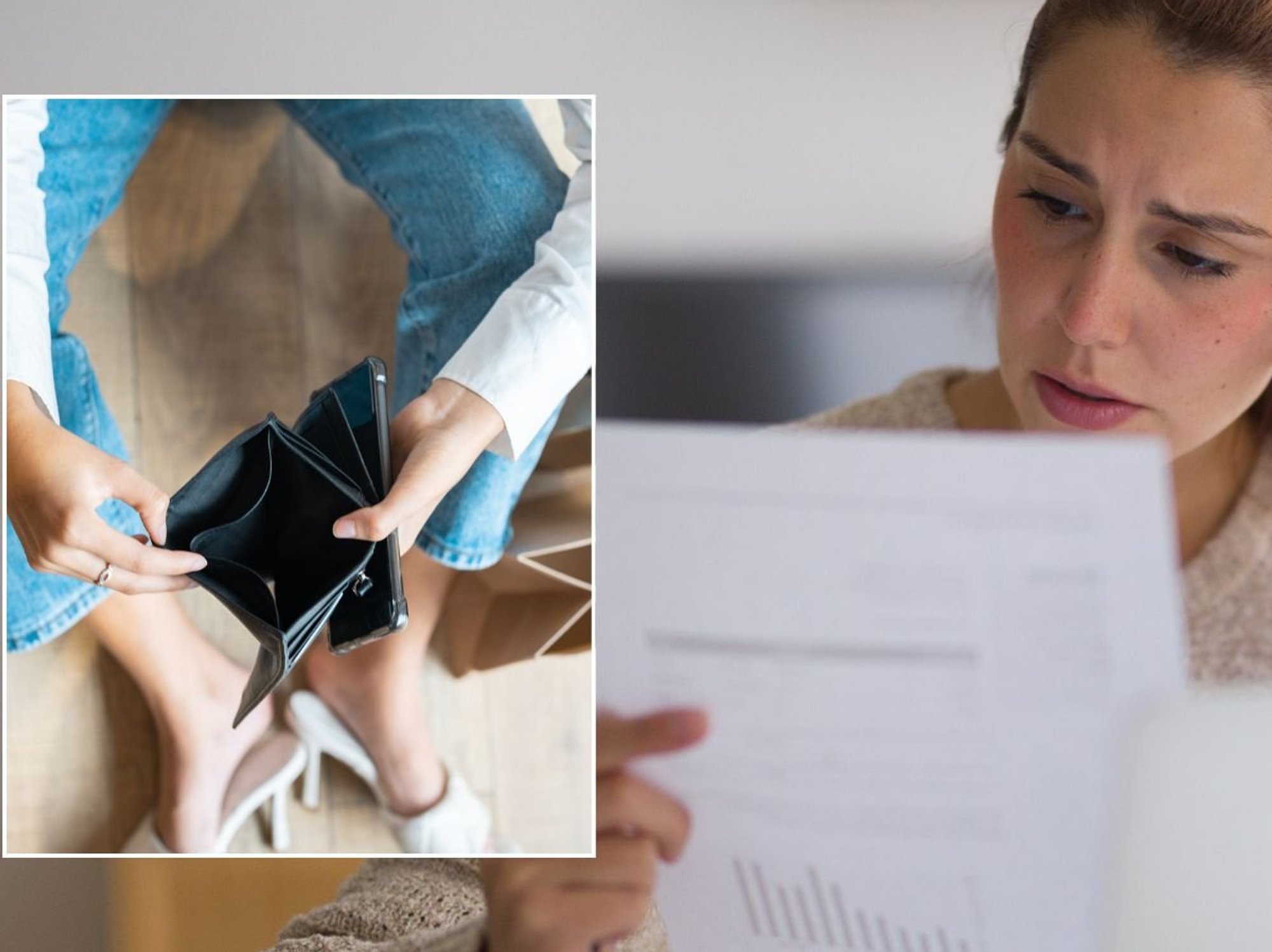 Woman looking at letter and empty pruse