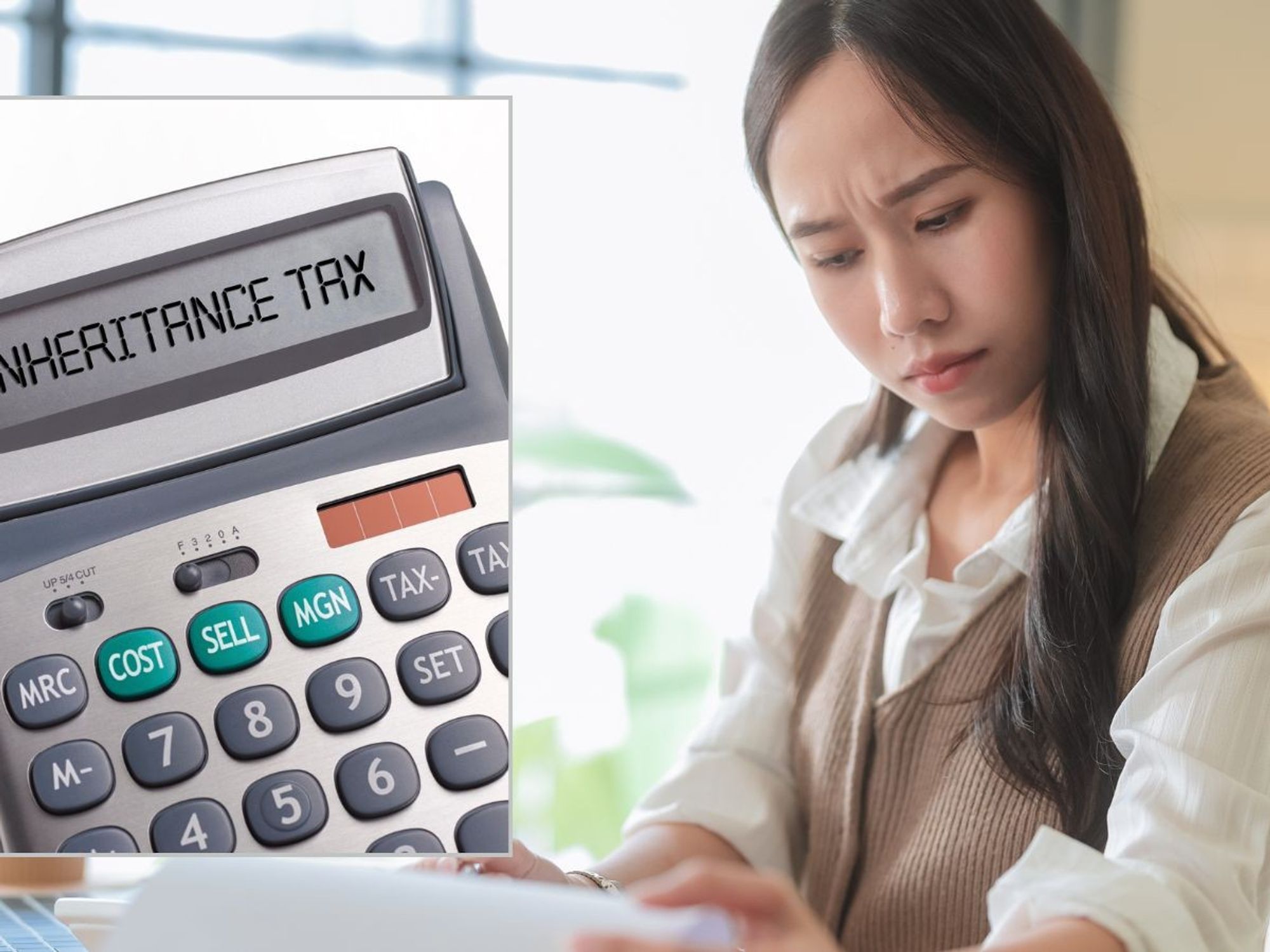 Woman looking at letter and inheritance tax on calculator