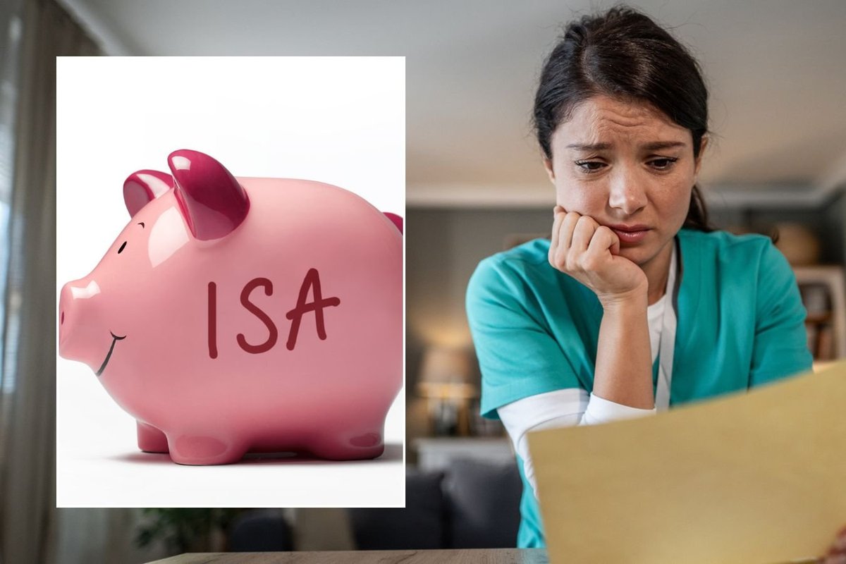 Woman looking at letter and ISA piggy bank