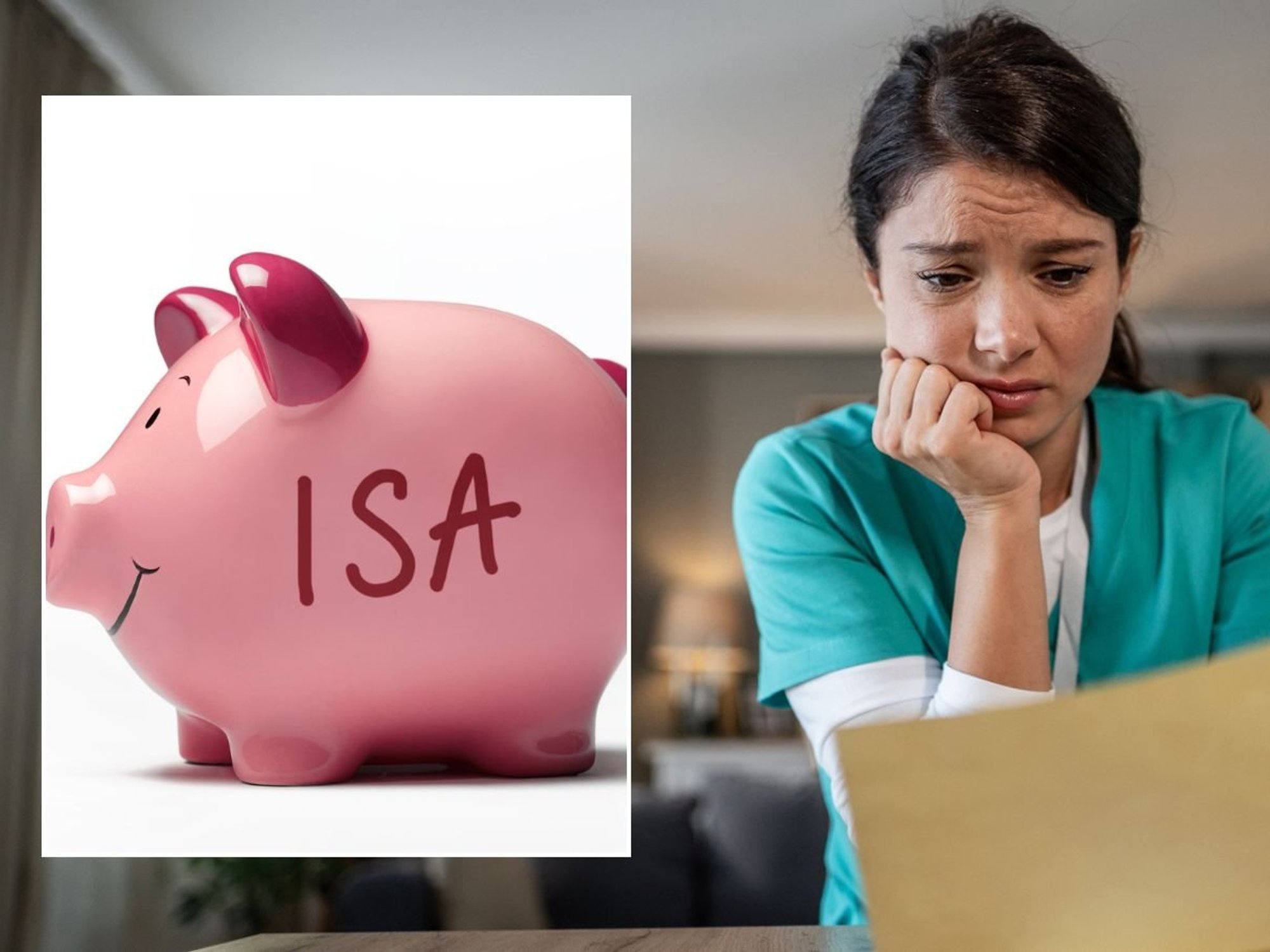 Woman looking at letter and ISA piggy bank