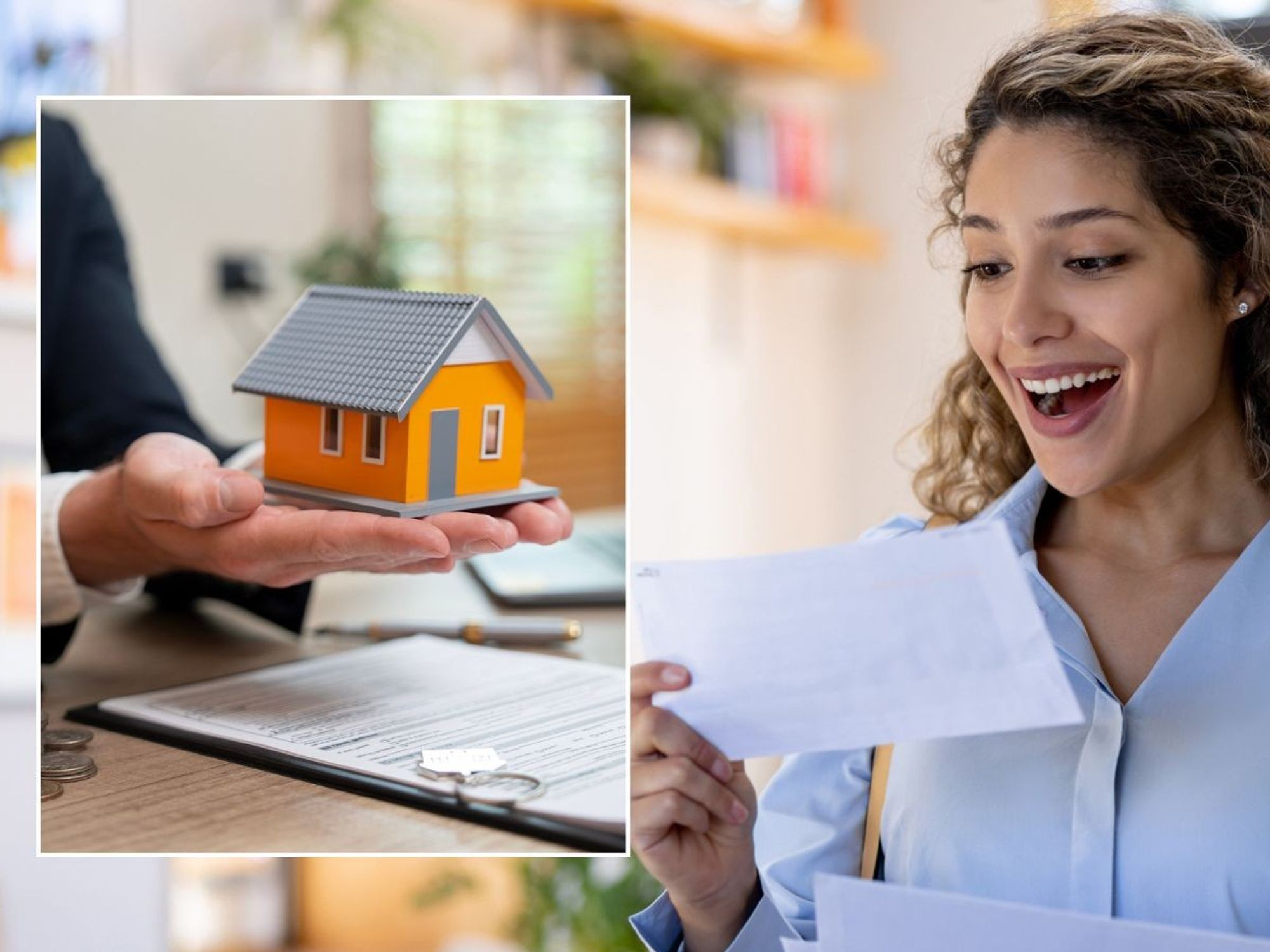 Woman looking at letter and little house