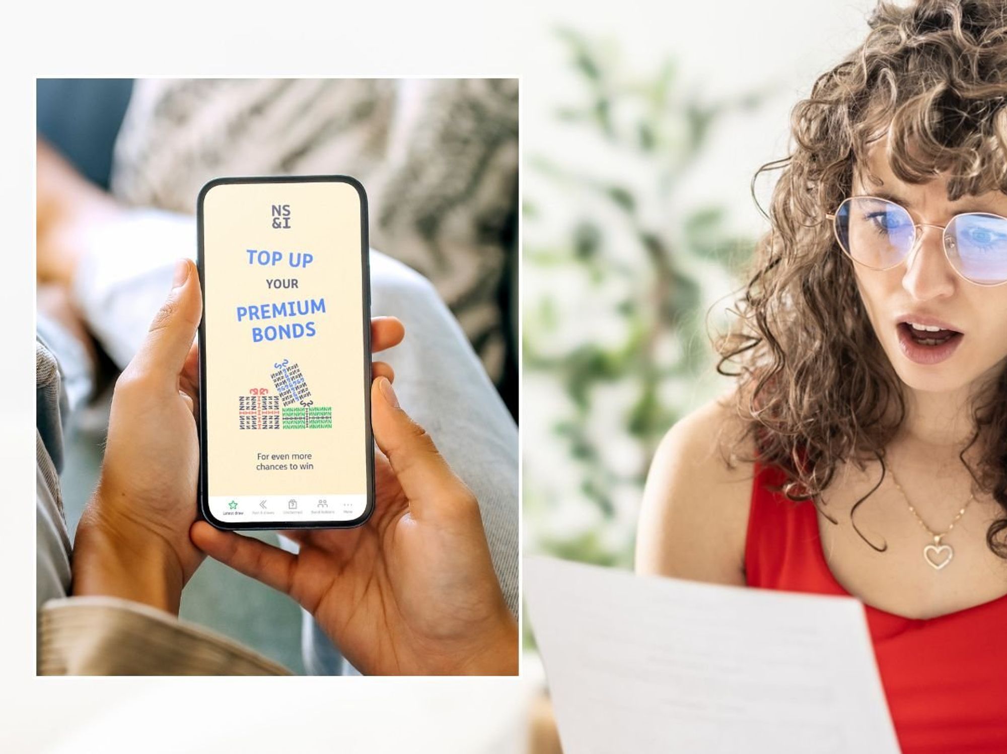 Woman looking at letter and Premium Bonds checker