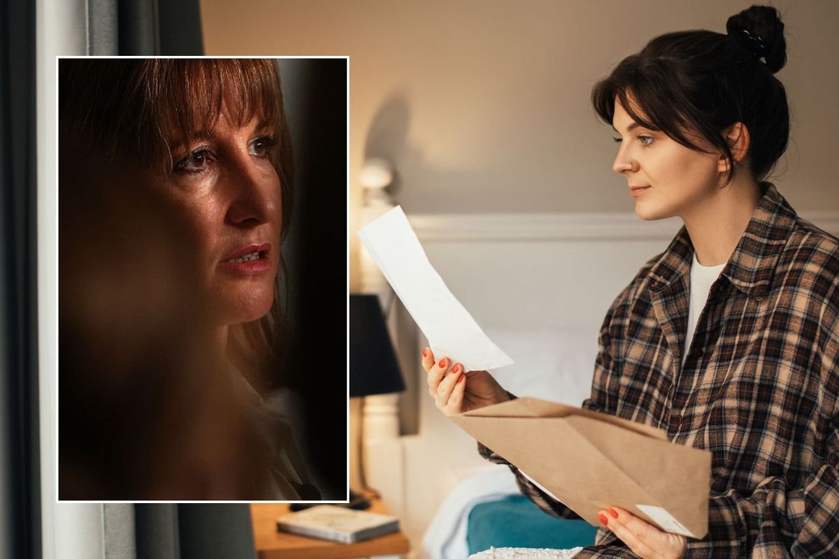 Woman looking at letter and Rachel Reeves