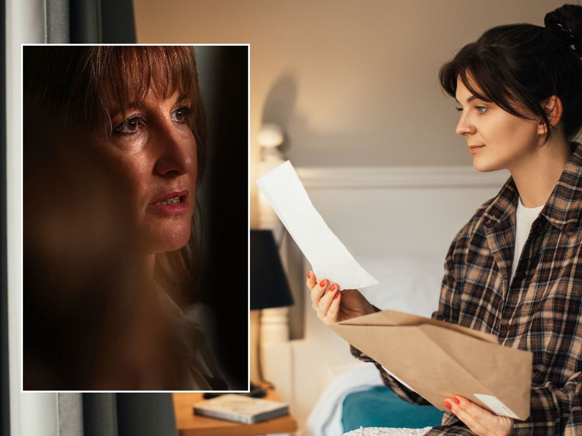 Woman looking at letter and Rachel Reeves