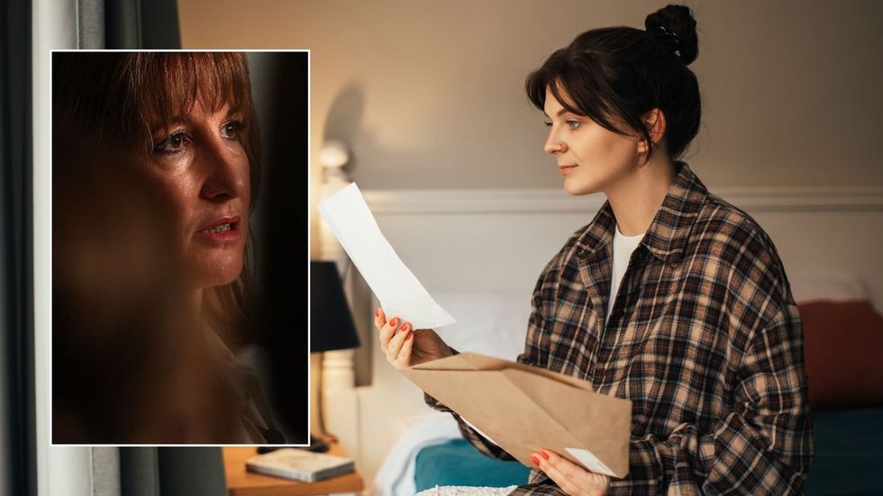 Woman looking at letter and Rachel Reeves