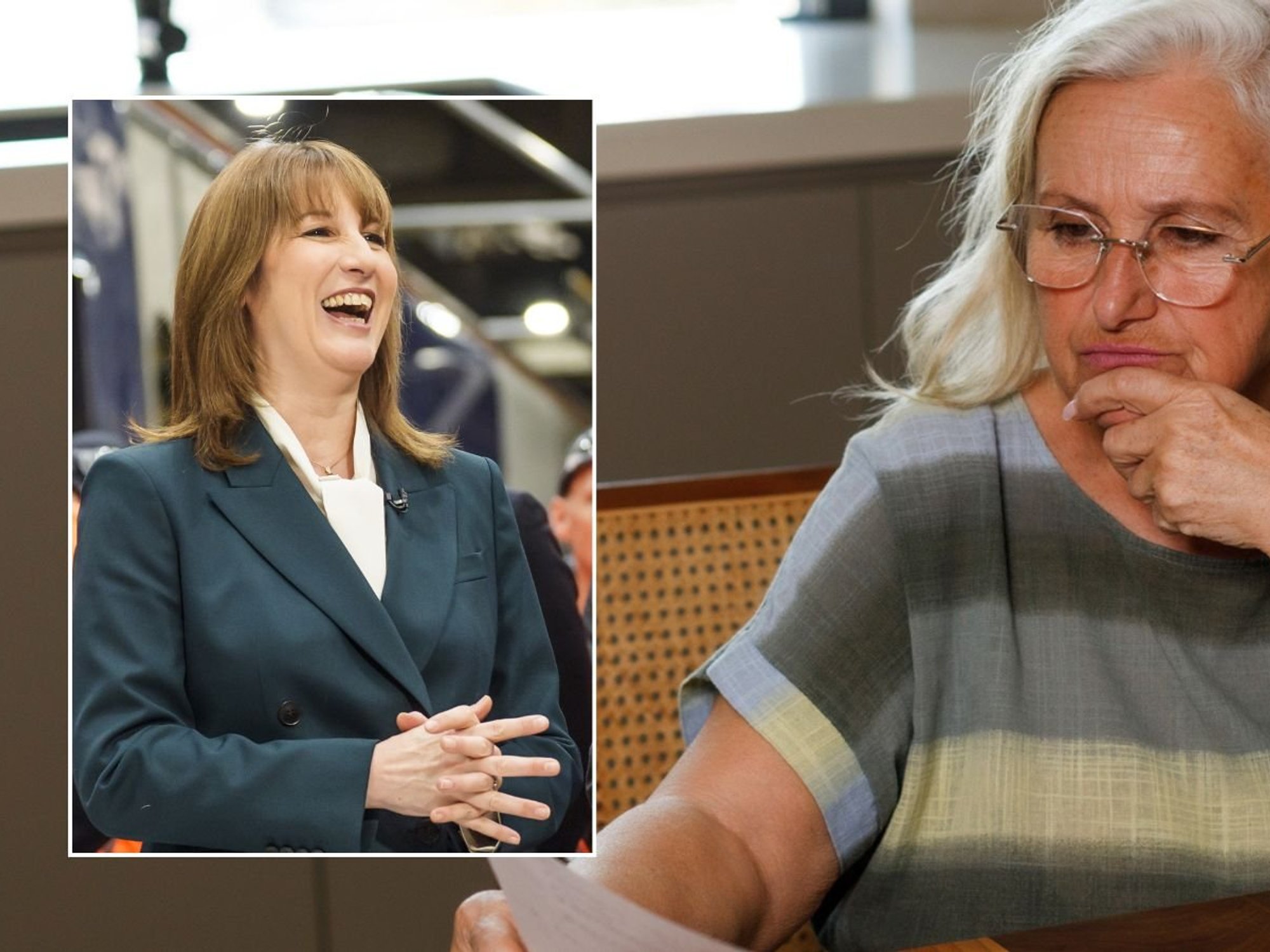 Woman looking at letter and Rachel Reeves