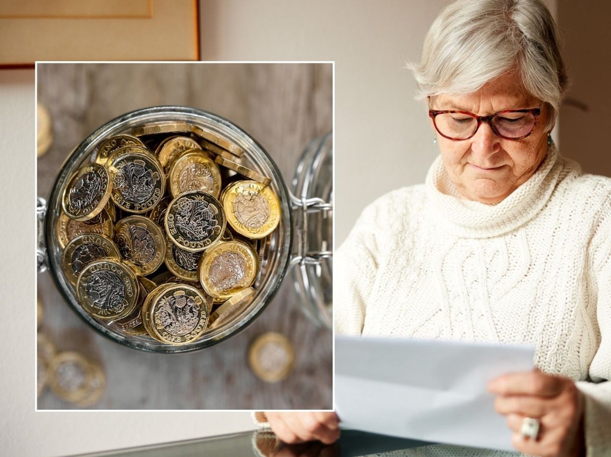 Woman looking at letter and savings pot