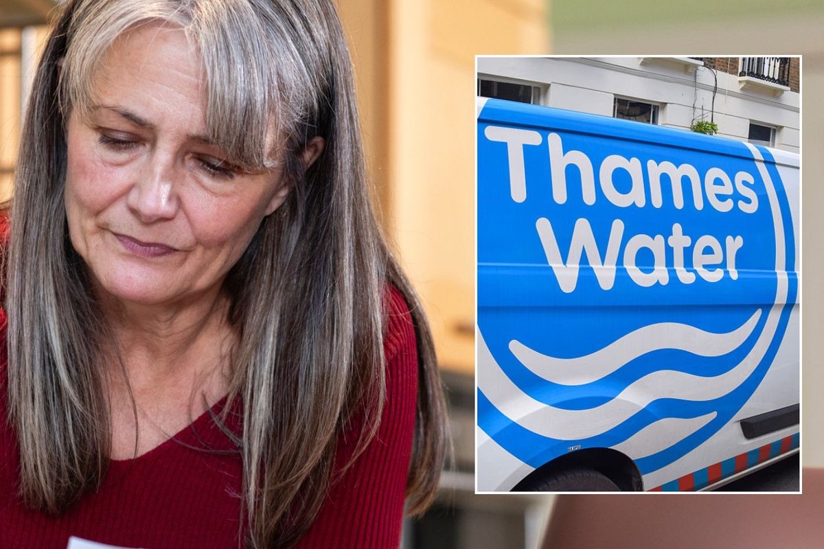Woman looking at letter and Thames Water van