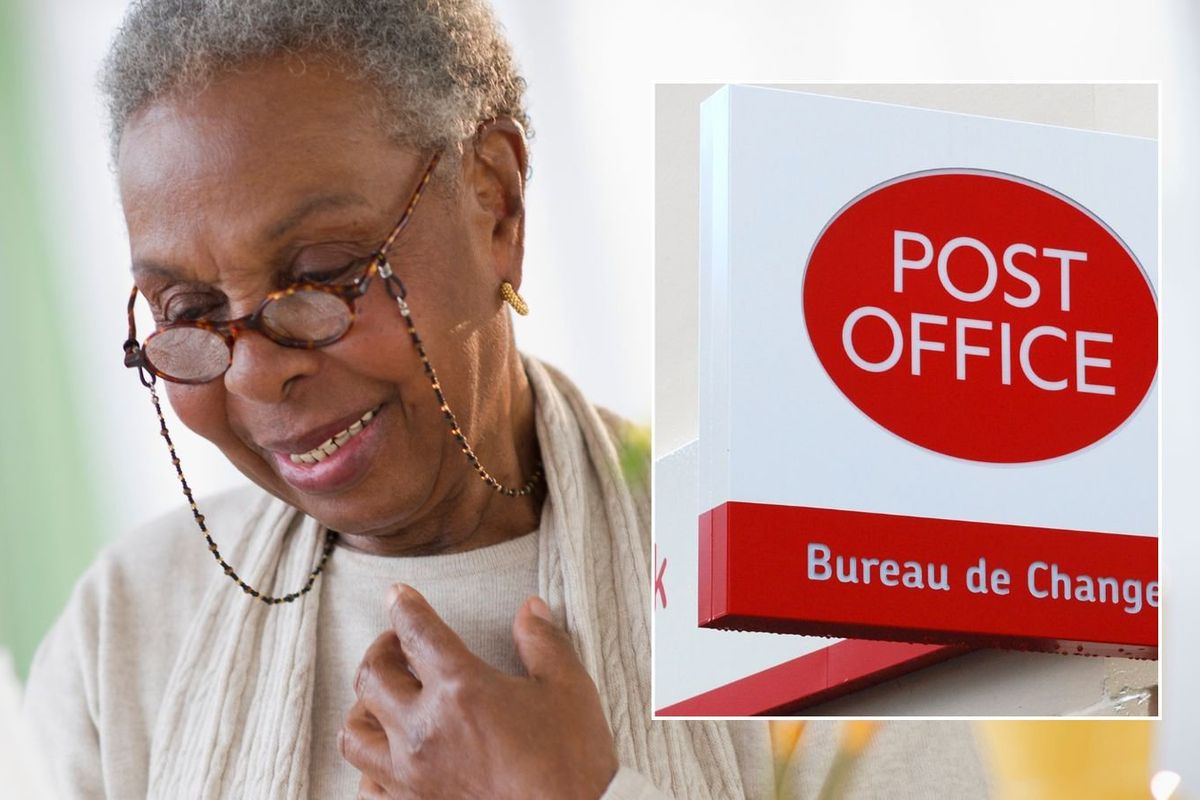 Woman looking at lettter and Post Office branch