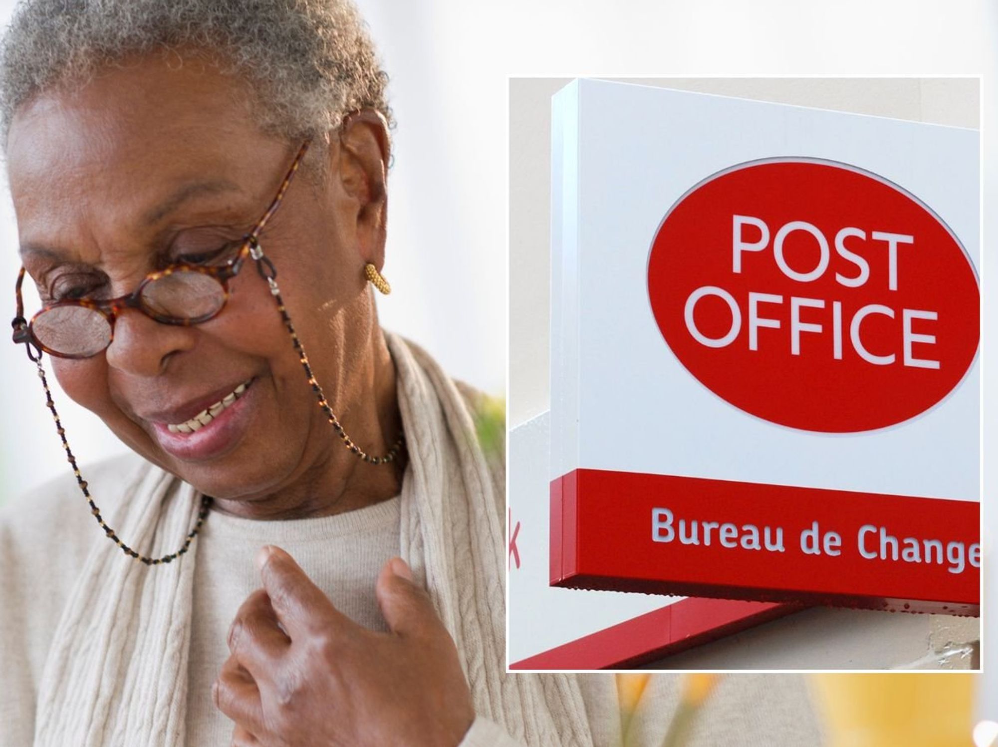 Woman looking at lettter and Post Office branch