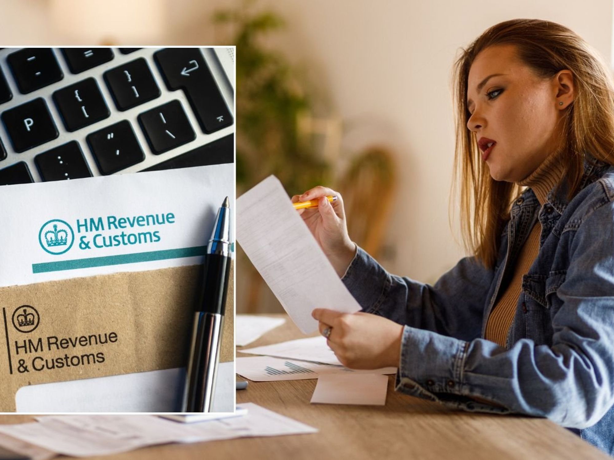 Woman looking at payslip and HMRC letter