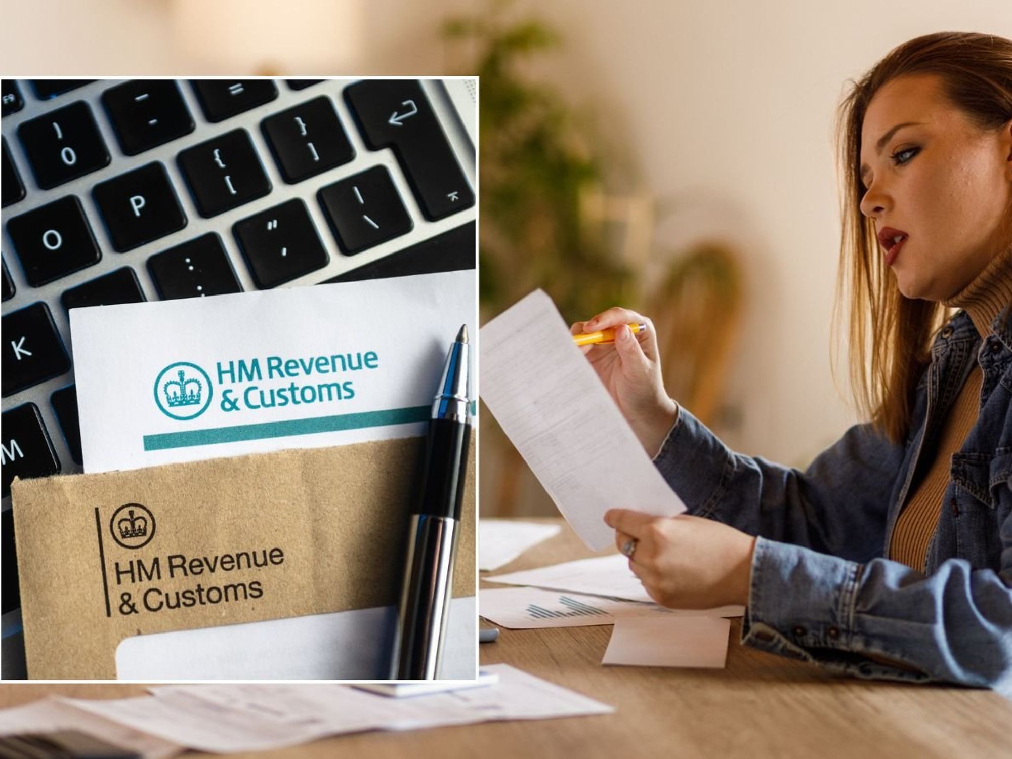 Woman looking at payslip and HMRC letter