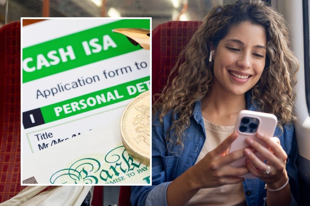 Woman looking at phone and Cash ISA form