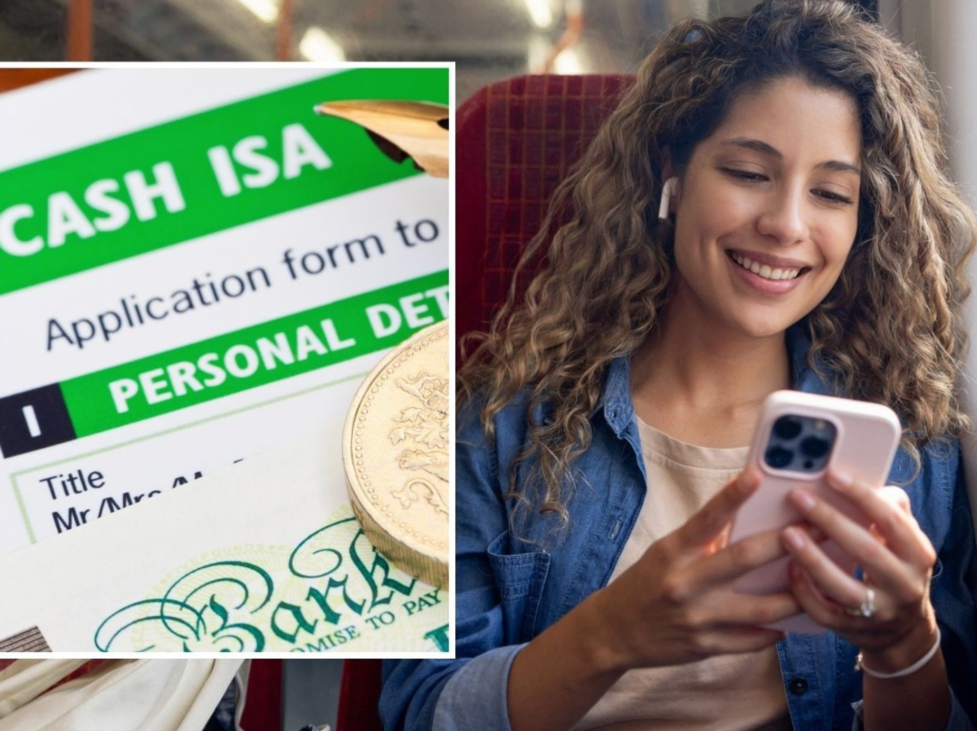 Woman looking at phone and Cash ISA form