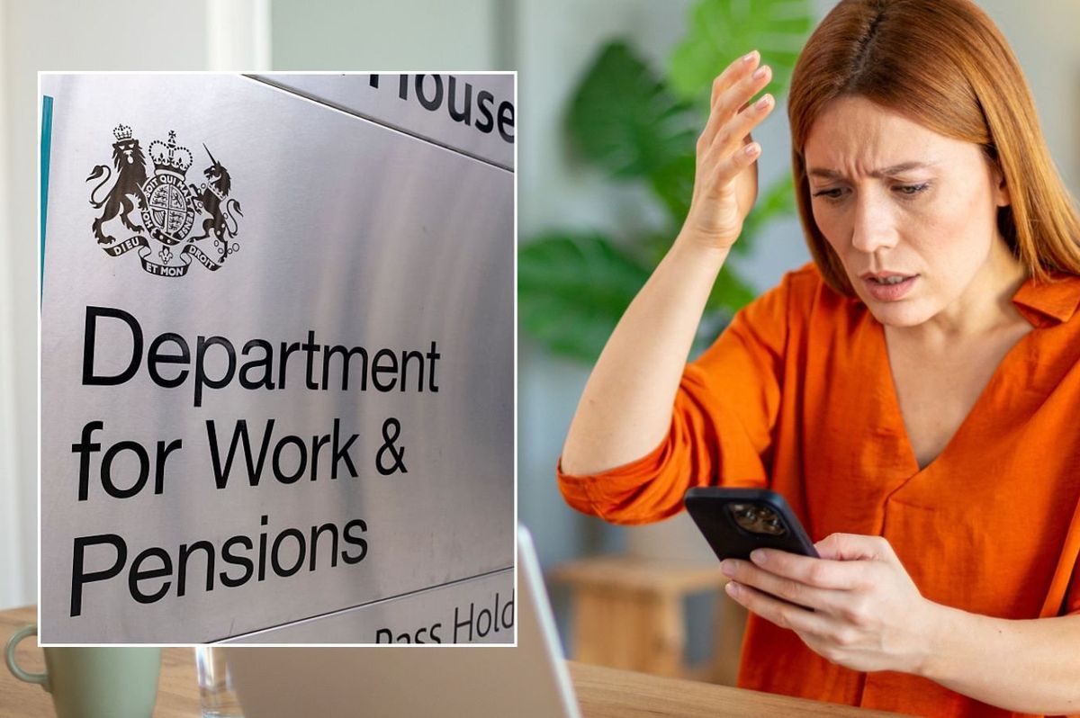 Woman looking at phone and DWP sign